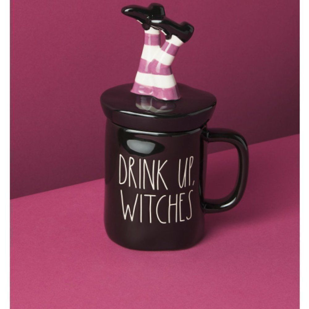 RAE DUNN Ceramic Drink Up Witches Mug With Figural Lid